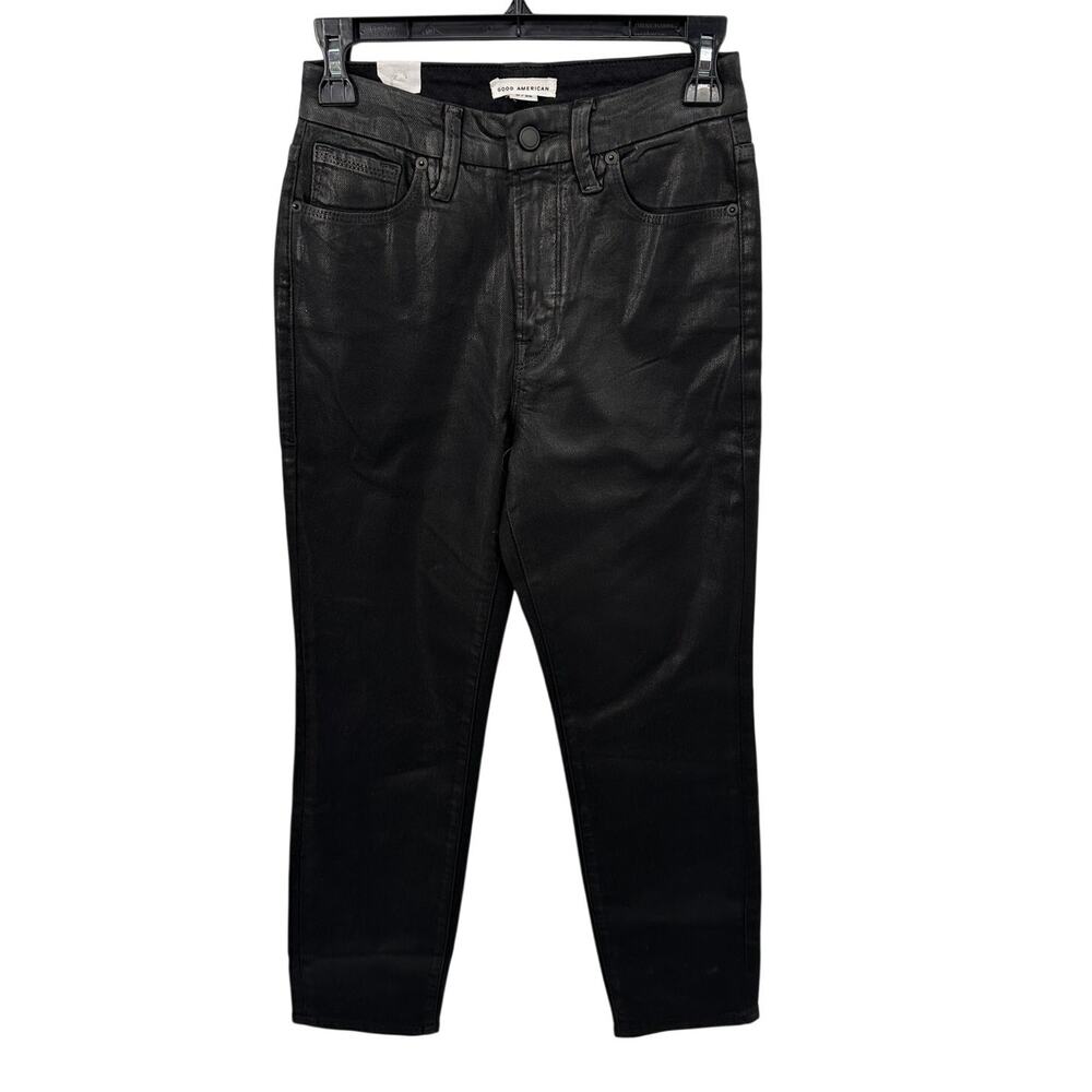 GOOD AMERICAN NWT Good Classic High Waisted Straight Coated Black Jeans // 0 - Picture 4 of 11